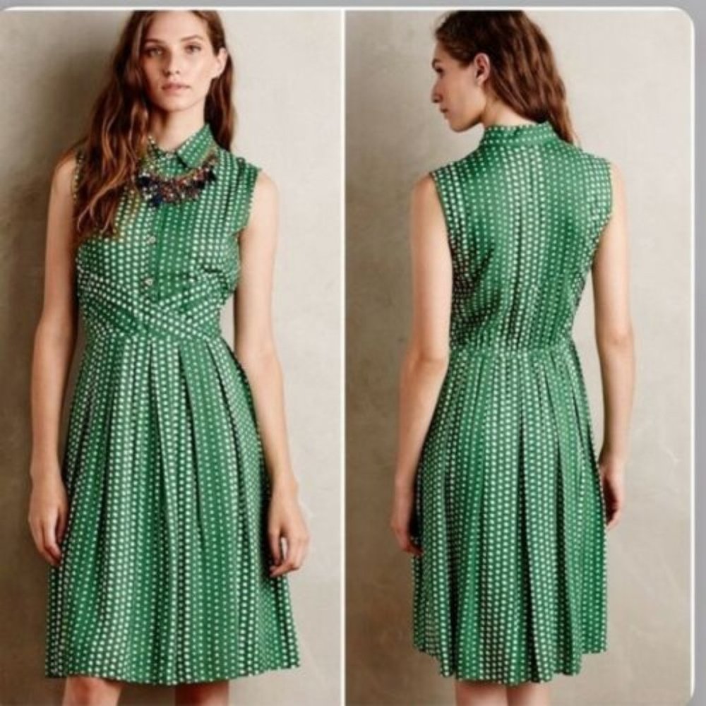 Anthropologie 11 1 Tylho Size XS Brynn Green Polka Dot Fit Flare Shirtdress